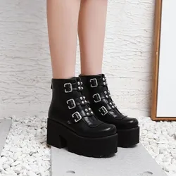 2021 Biker Combat Boots Women Platforms Chunky Block High Heel Punk Shoes Gothic Rivet Buckle Ankle Military Large Size 34-45