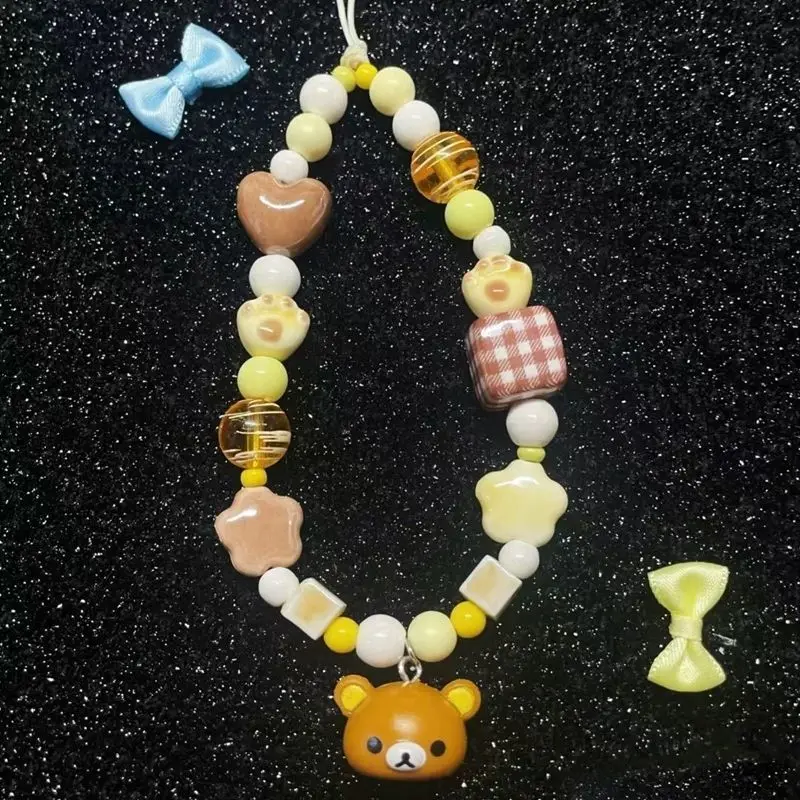 Kawaii Rilakkuma Love Heart Beading Phone Strap Keychain Backpack Decoration Camera Anti Loss Lanyard Cute Couple Pendant Gift