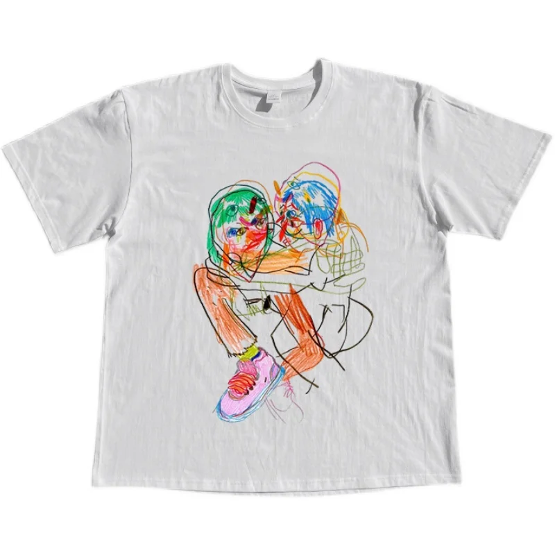 Hand-Drawn Graffiti Hiphop Half Sleeve T-Shirt Breathable Shoulder Fit Summer Casual round Neck Loose Style for Youth Couples