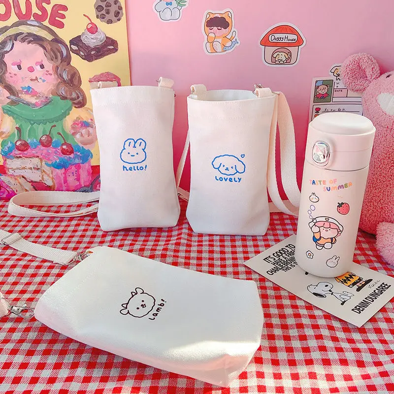 White Ins Insulation Cup Storage Bag Simple Water Cup Bag Bottle Organizer Phone Crossbody Bag Cartoon Small Canvas Bottle Bag