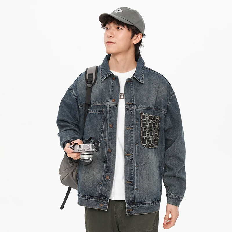 Vintage embroidery pocket denim jacket men's street fashion Korean styleinsloose cargo washed nostalgic Y2K clothes