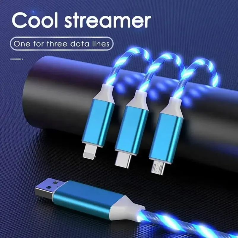 كابل شحن سريع 3 في 1 LED متوهج 3A Hi gh-Speed شحن مايكرو USB Type-C متعدد العلامات التجارية متوافق مع شحن سريع مضيء