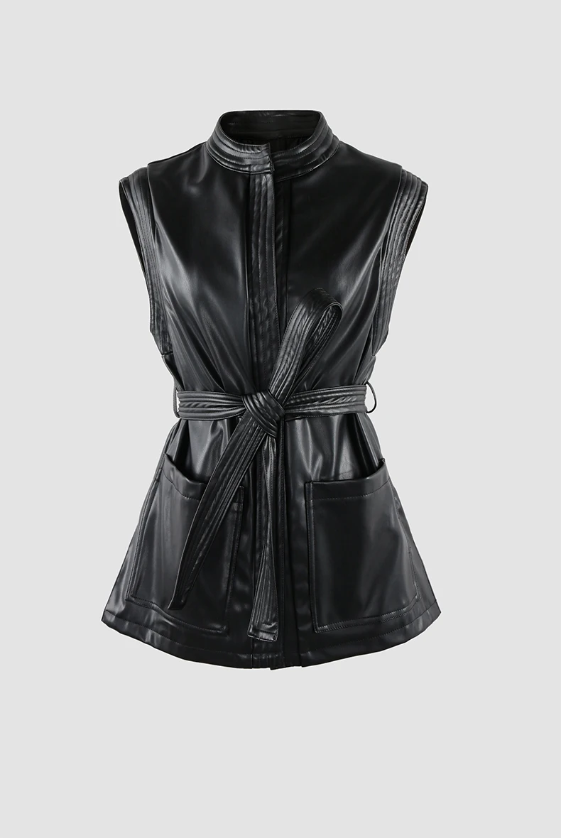 Mauroicardi Spring Short Black Soft Pu Leather Vest Women with Side Slit Sashes Stand Collar Luxury Chic Sleeveless Jacket 2025