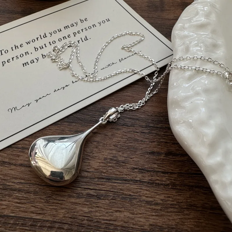 Real S925 Sterling Silver Pendant Design Sense Retro Glossy Big Water Drop Necklace Collarbone Chain view 5
