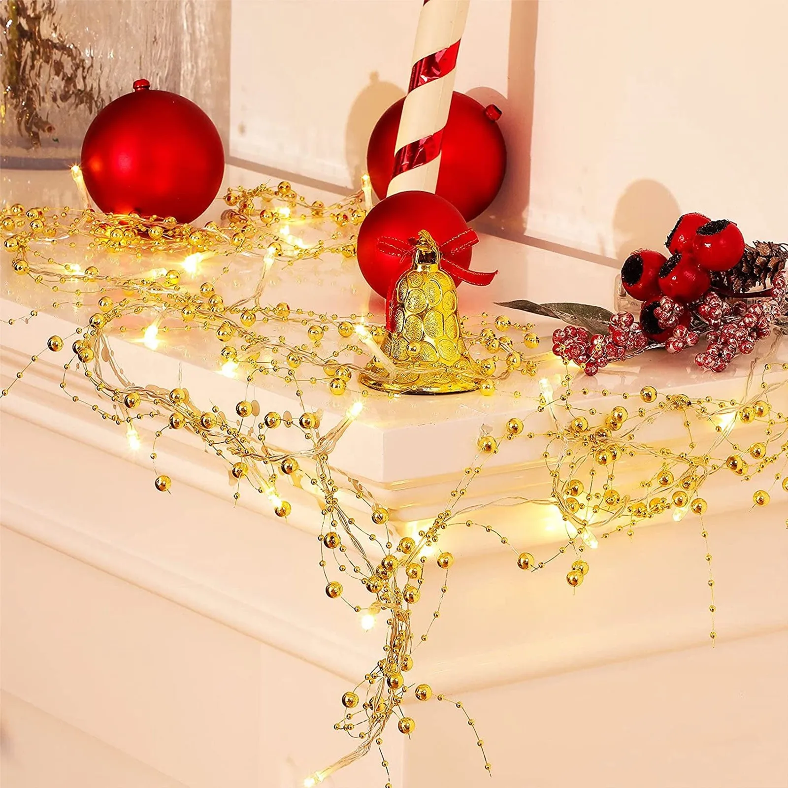 2024 New Christmas String Light Metal Berry Beaded Garland Indoor For Fireplace Mantel Indoor Xmas Tree Decorations