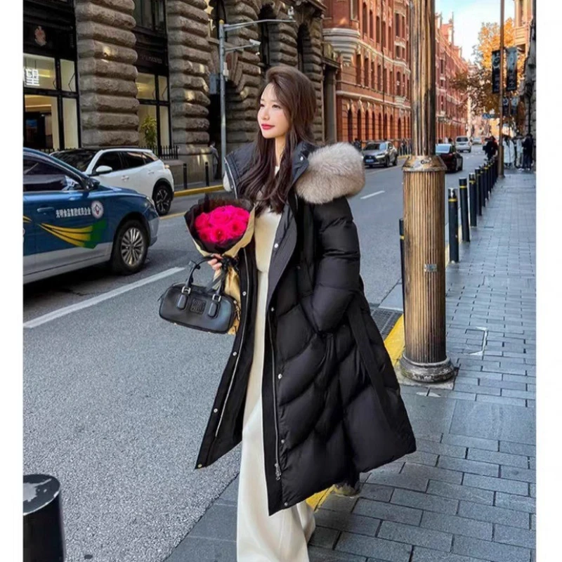 여성용 롱 다운 코트 폭스 퍼 칼라 패션 슬림 따뜻한 화이트 덕 페더 재킷
