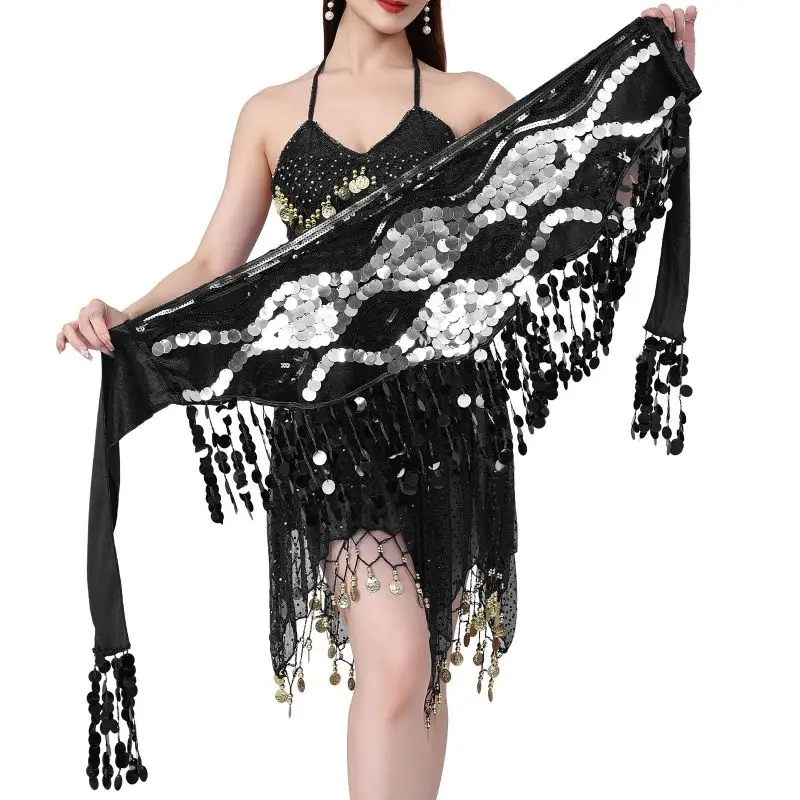Sciarpa per fianchi con paillettes da donna Nappa lucida Danza del ventre Gonna a catena in vita Costume femminile Cintura avvolgente per feste Abiti per spettacoli teatrali