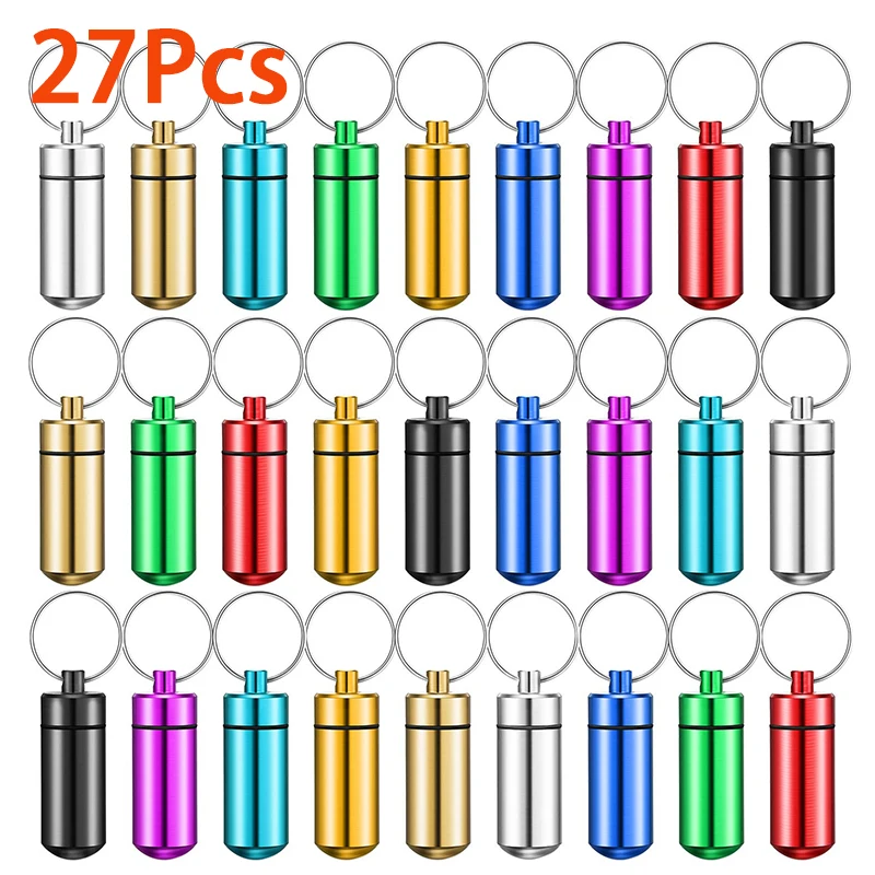 

27Pcs Aluminum Keychain Medication Pill Box Waterproof Portable Mini Travel Pill Boxes Medicine Vitamin Holder Case Bottle