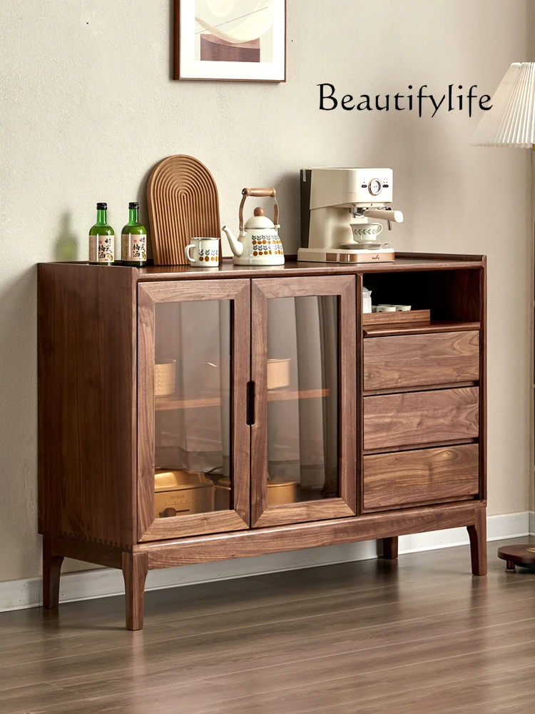 Nordic Retro Black Walnut Solid Wood Sideboard Modern Minimalist Glass Sliding Door Storage Side Cabinet