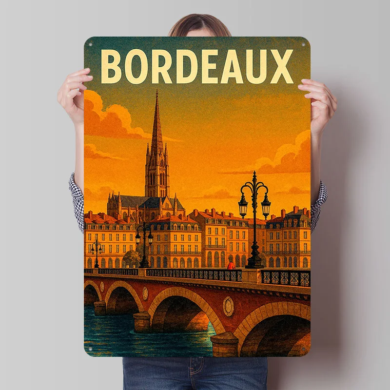 Bordeaux Stadtlandschaft Reiseplakat, personalisierte Vintage Metallschilder, Wandkunst, Retro Blechschild für Badezimmer-Dekoration, Gaming