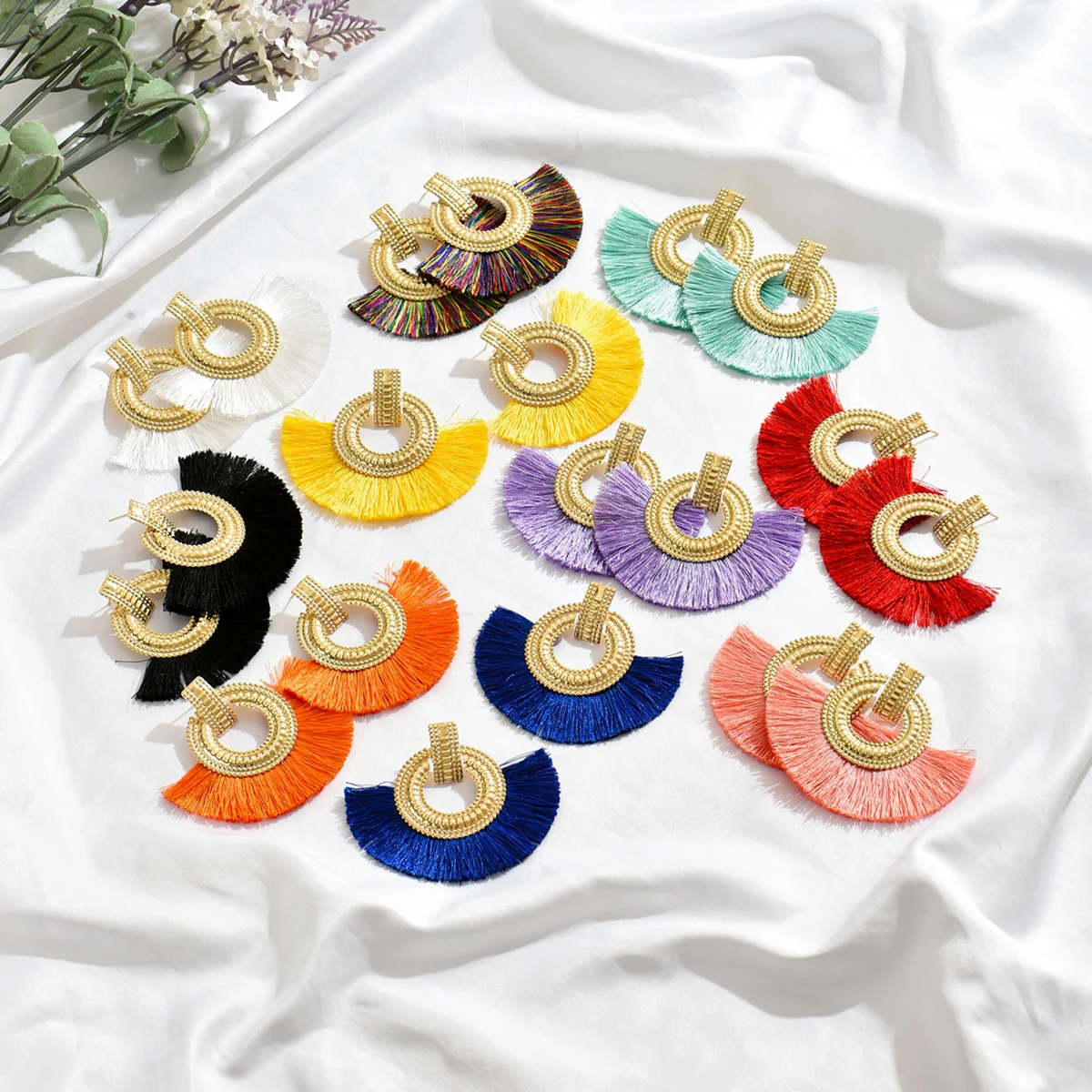 Wholesale Bohemian Vintage Colored cotton Tassel Earrings Heart hollow design Pagoda fan Dangling Earrings Eardrop Female