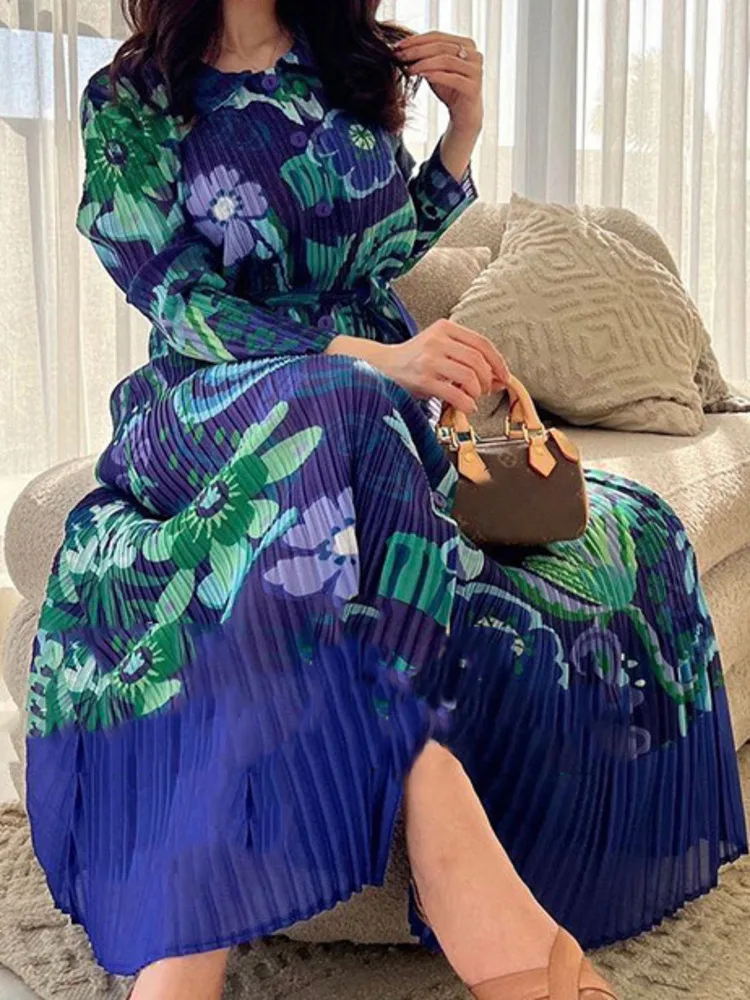 Fashion Print Design Pleated Long Dress For Women Lapel Contrast Color Single Breasted Belt Long Dresses 2024 Autumn New