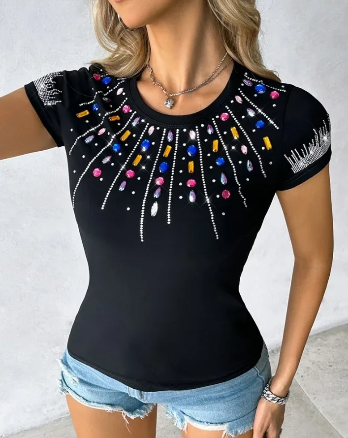 Fashion Women's Casual T-Shirt Round Neck Rhinestone Colorful Crystal Stone Decor T-Shirt Female Clothing Y2k 2024 Summer