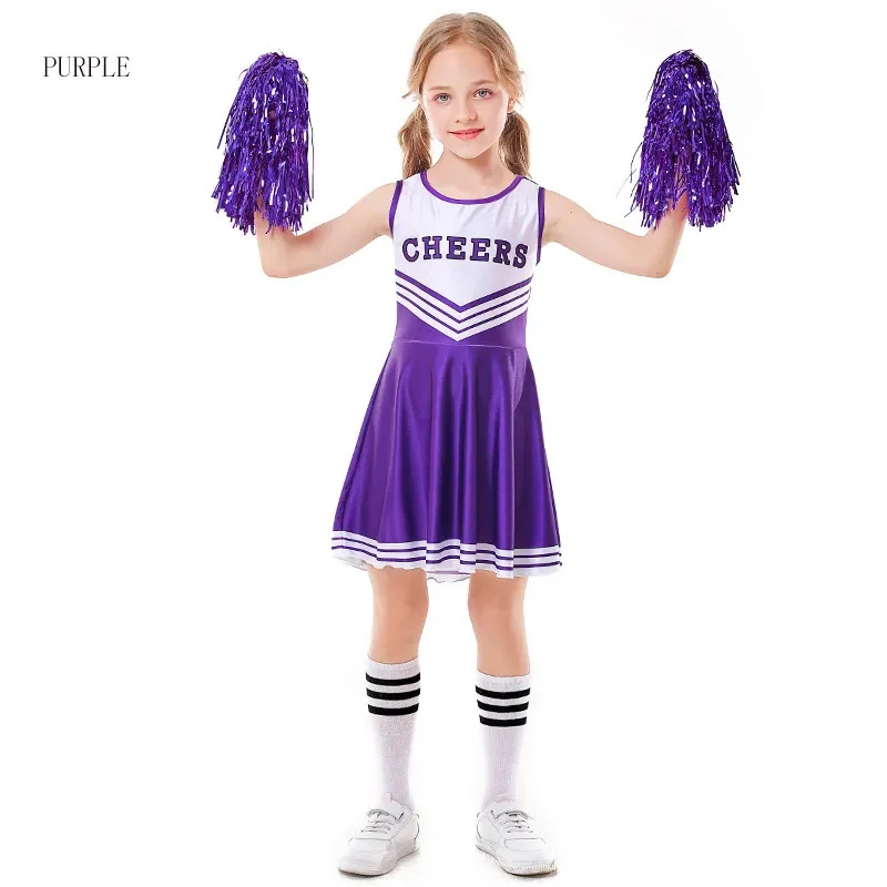 With Sock Pompom Kids Cheerleader Costume For Yung Girls School Child Cheer Uniform Outfit Sleeveless Dance Dress Carnival Hallo