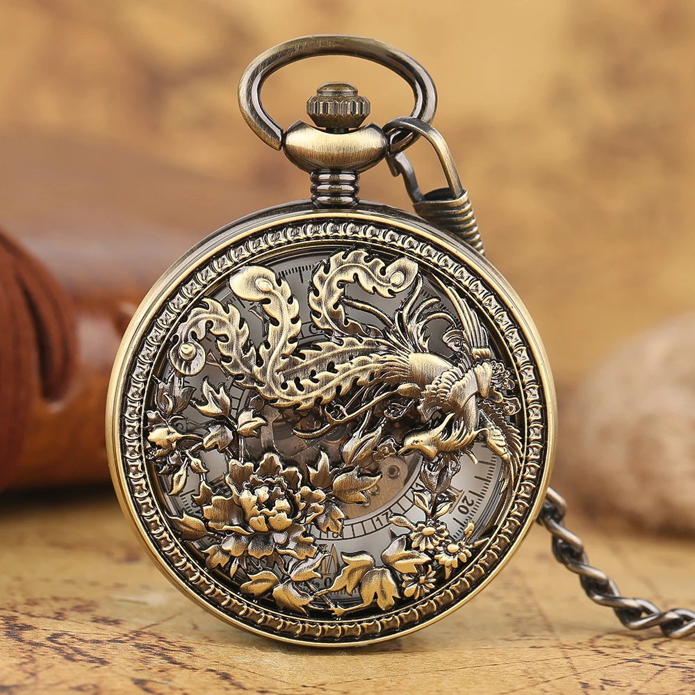 Reloj de bolsillo mecánico automático de bronce Vintage para hombre, reloj colgante con diseño de Fénix y flor hueca, cadena Fob Steampunk para regalo