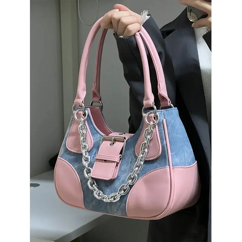 Y2k borsa a tracolla rosa per donna Designer di lusso borsa a tracolla gotica catena stile motore Cool Girl Denim grande capacità nuovo