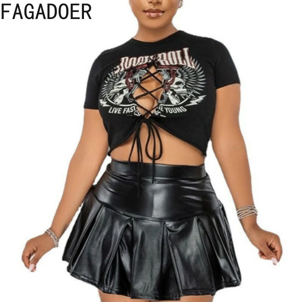 FAGADOER-Conjunto de dos piezas con estampado para mujer, Top corto de manga corta con cuello redondo y Falda plisada de PU, 2023