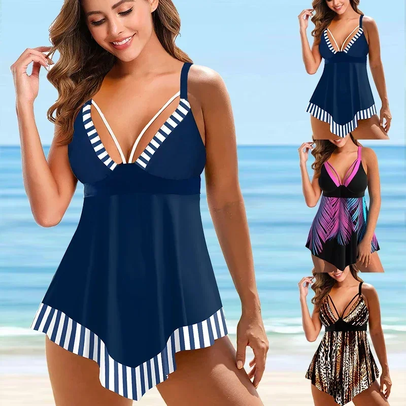 

Summer High Quality Fashion Casual Vacation Swimsuit Women's Navy Plain Printed Bikini Two Piece Set S-6XL