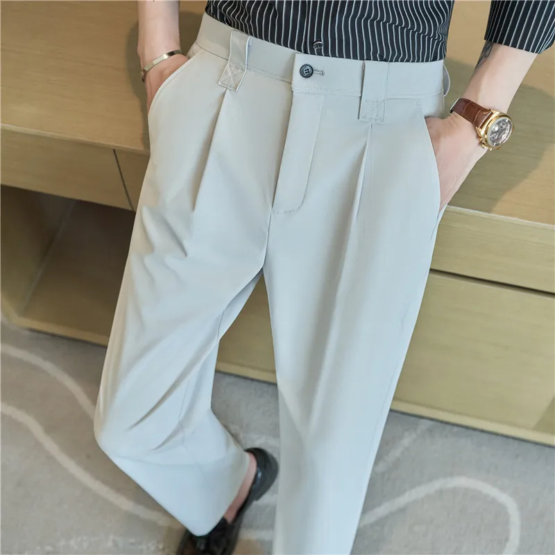 

Men Straight Leg Suit Pants Summer Ice Silk Lightweight Elastic Waist Casual Loose Wide-leg Trousers Dress Pants Men Clothing