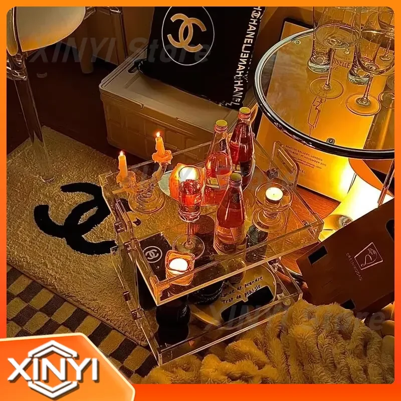 Acrylic Side Table for Bedroom Living Room Office Modern Rolling Cart with Wheels Multi-Tier Storage Transparent Nightstand