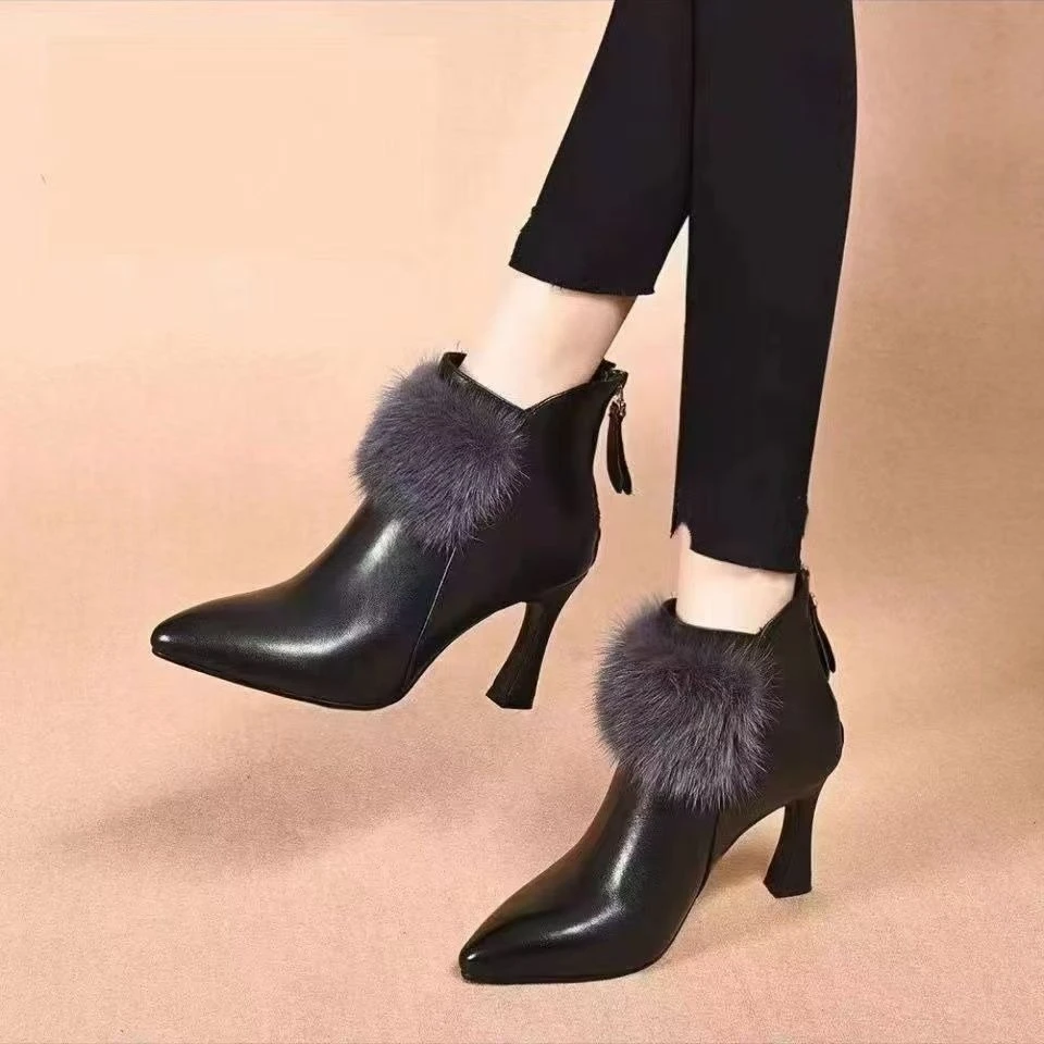2026 New Women Stiletto Ankle Boots Pointed Toe Warm Fur Lined Winter Shoes Low Heel Fashion Short Boots for Ladies