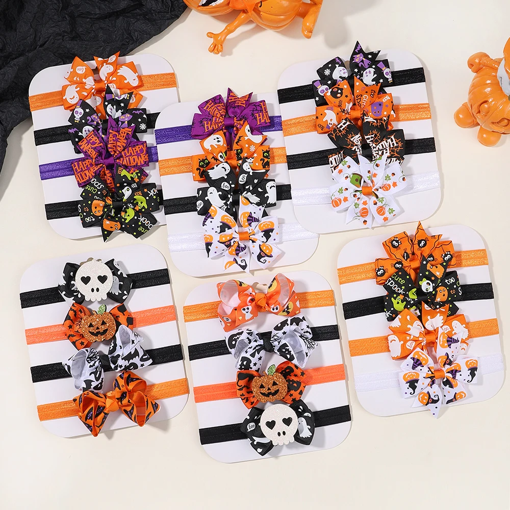 4pcs Halloween Skull Headed Pumpkin Headband Sequins Hair Bow Newborn Festival Party Hairband Kids Baby Hair Accessories Gift