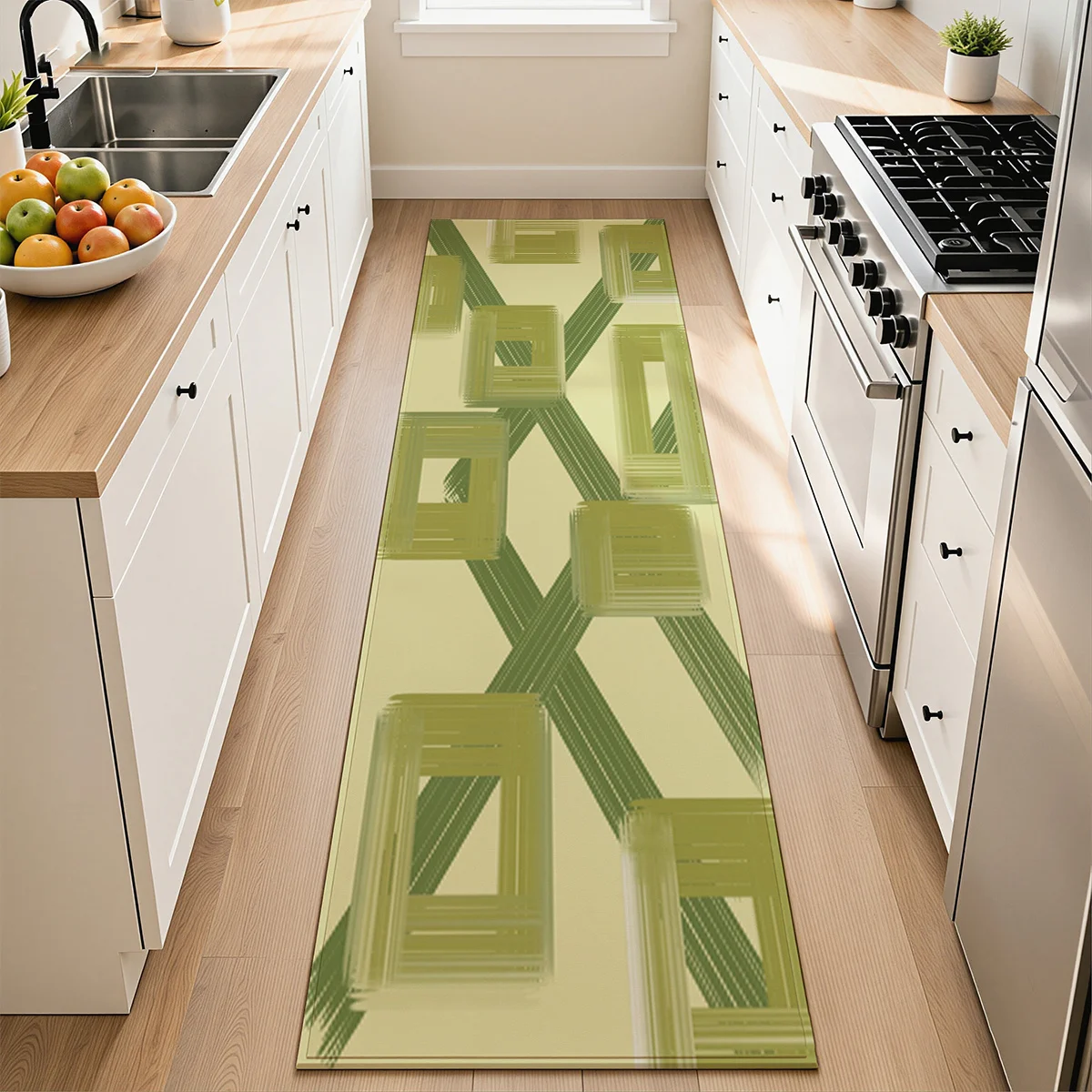 Green Geometric Frame Cross Runner Rug Modern Abstract Line Pattern Floor Mat Fresh Minimalist Decor Carpet for Kitchen Hallway