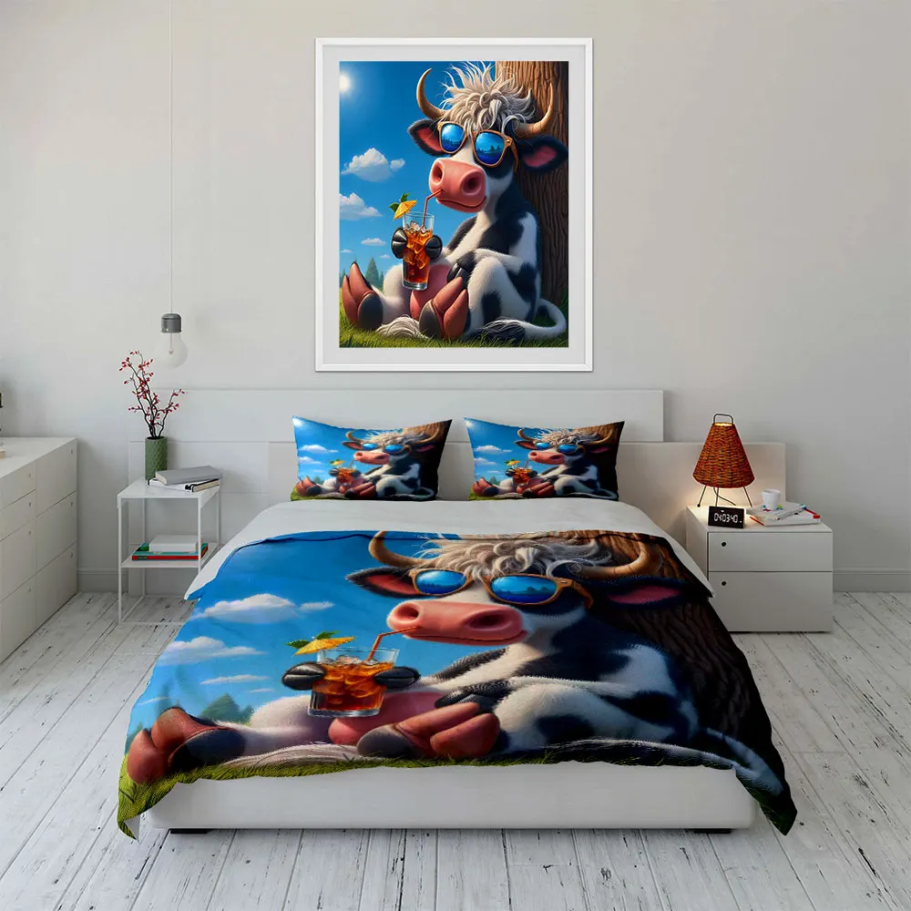 Sunglassed cow enjoying iced drink Print Bedding Set 1 Duvet Cover 2 Pillowcases for Adult and Children Luxury Gift Full Size 4