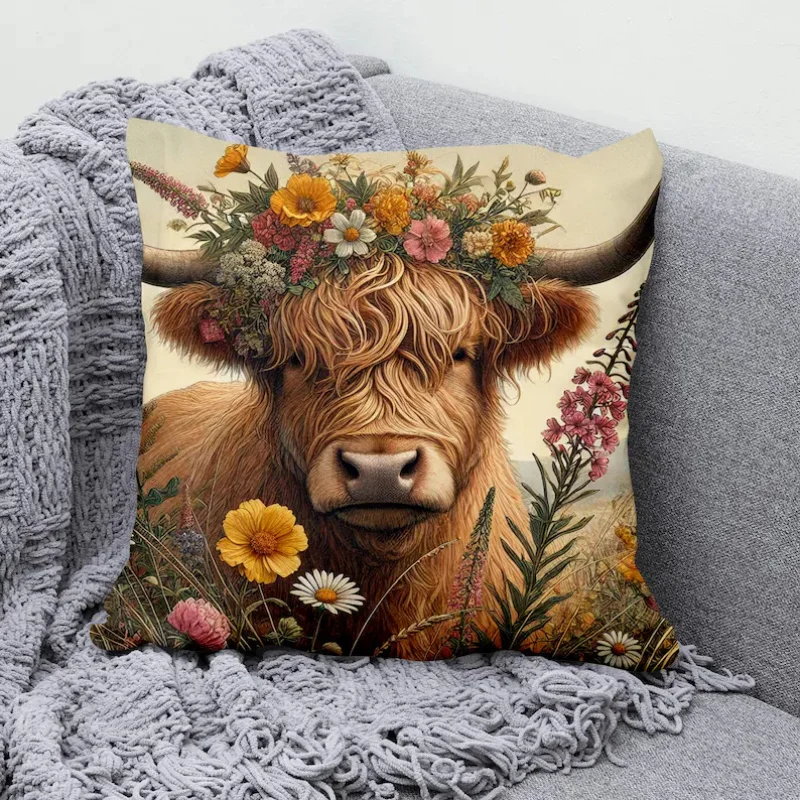 VIKAMA Highland Bovine Pillowcase Invisible Zipper Washable Pillowcase Living Room Sofa Cushion Cover Home Decor