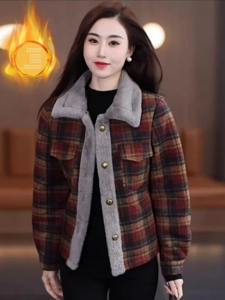 

Утепленное фланелевое женское зимнее пальто в клетку, универсальная теплая верхняя одежда для женщин среднего и старшего возраста