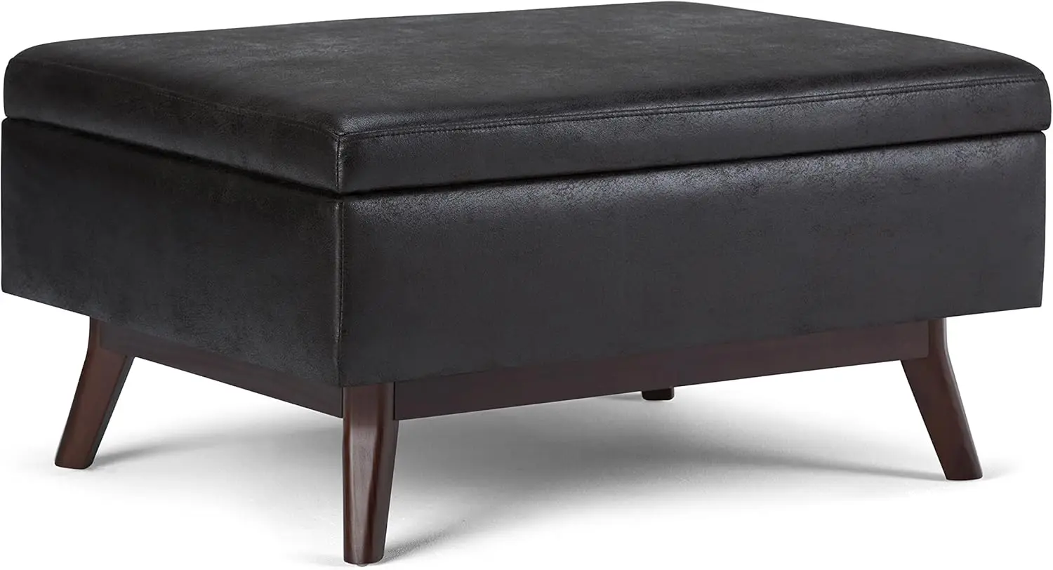 34 Inch Wide Mid Century Modern Rectangle Coffee Table Lift Top Storage Ottoman in Upholstered Distressed Black Faux Leather