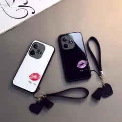 Phone Case For Realme GT 6 6T GT Neo6 SE Tempered Glass Lip prints Love Heart Pattern Hard Back Cover Phone Shell Tassel Lanyard