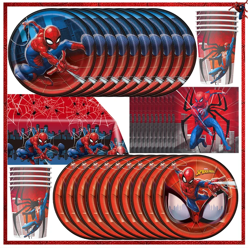 スパイダーマンの誕生日パーティーの装飾、赤い紙ナプキン、プレート、カップ、ギフトバッグ、子供用風船、幸せな装飾用品