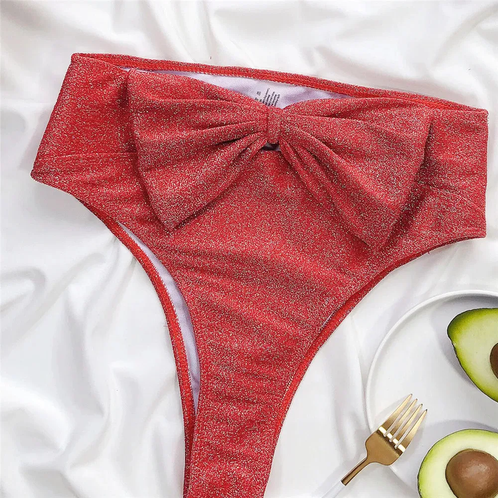 セクシーな赤い光沢のある大きなリボン付き水着、ハイウエストビキニセット、女性用水着2025、水着、水着、バンドゥビキニ、女性用ビキニ