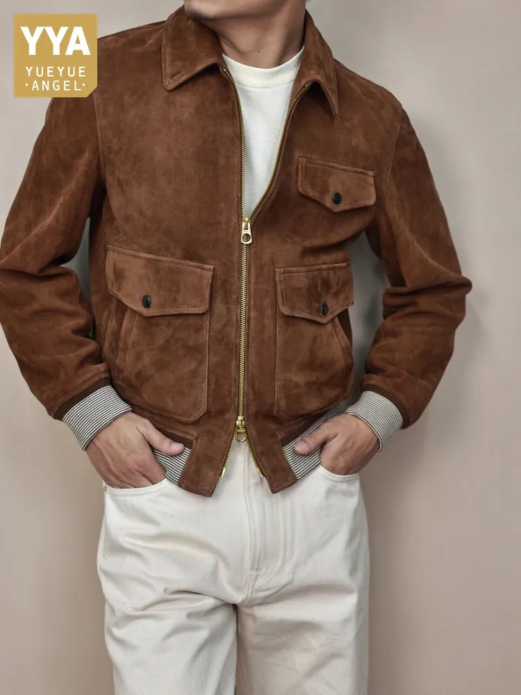 Business Men Work Natural Suede Leather Bomber Jacket Luxury Soft Real Leather Coat Multi Pockets Zipper Slim Fit Outwear Jacket