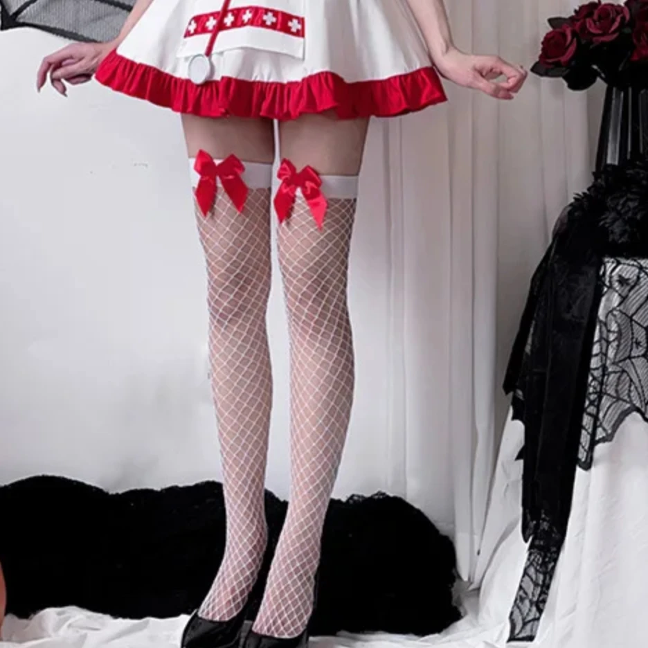 

Women's Autumn Winter White Mesh Stockings Red Bowknot Design Nurse's Day Socks Sexy Lingerie Christmas Hosiery blanco medias