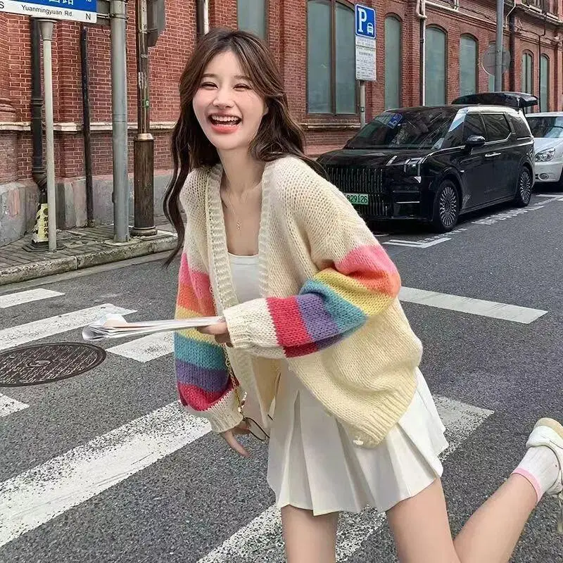 

Полосатый кардиган принцессы с v-образным вырезом для молодых девушек, модная милая свободная вязаная рубашка, свитер Y2K, весенне-осенняя одежда, одежда на улице