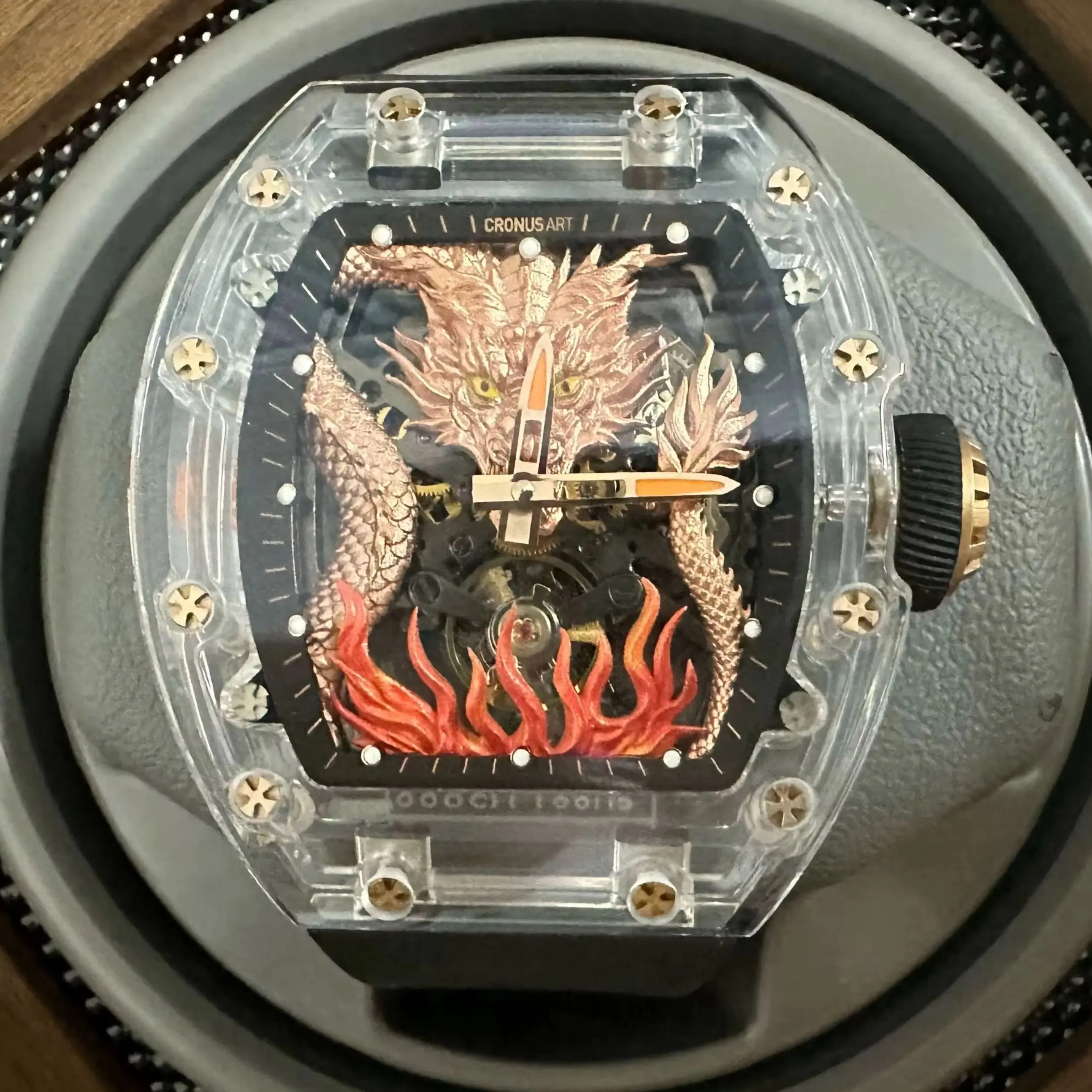 CRONUSART Men Automatic Watch 50mm Tonneau Mechanical Wristwatch Acrylic Case Waterproof Luminous Skeleton Dragon Dial FKM Strap