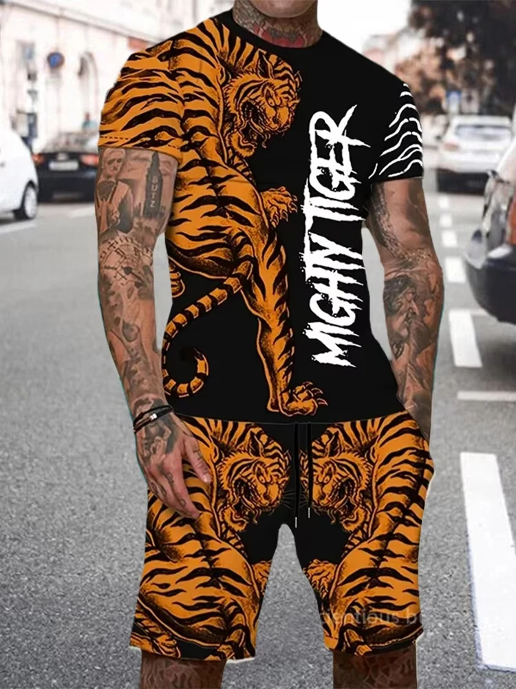 Sommer Männer setzt Shorts Outfits männliche T-Shirts Straße T-Shirt zweiteilige 3d Löwen druck lässig O-Ausschnitt Trainings anzug übergroße Strand