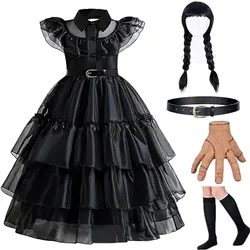 Wednesday Addams Dress Up Costume For Girls Birthday Halloween Cosplay Party Dress With Wig Socks Belts For Kids 3-10 Years