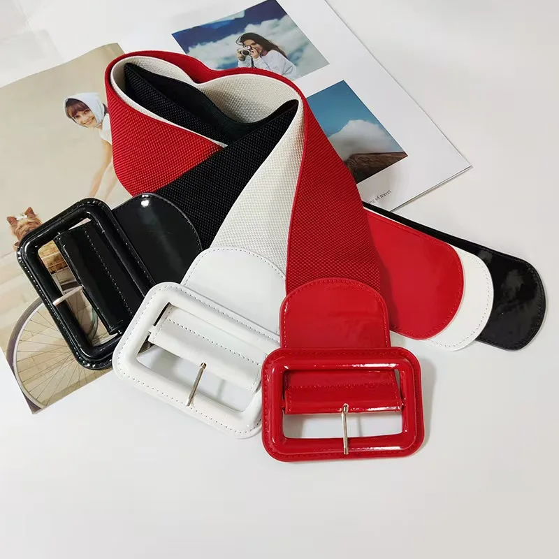 A stretchy elastic mirror leather wide waistband for daily wear, paired with a dress, shirt, and coat