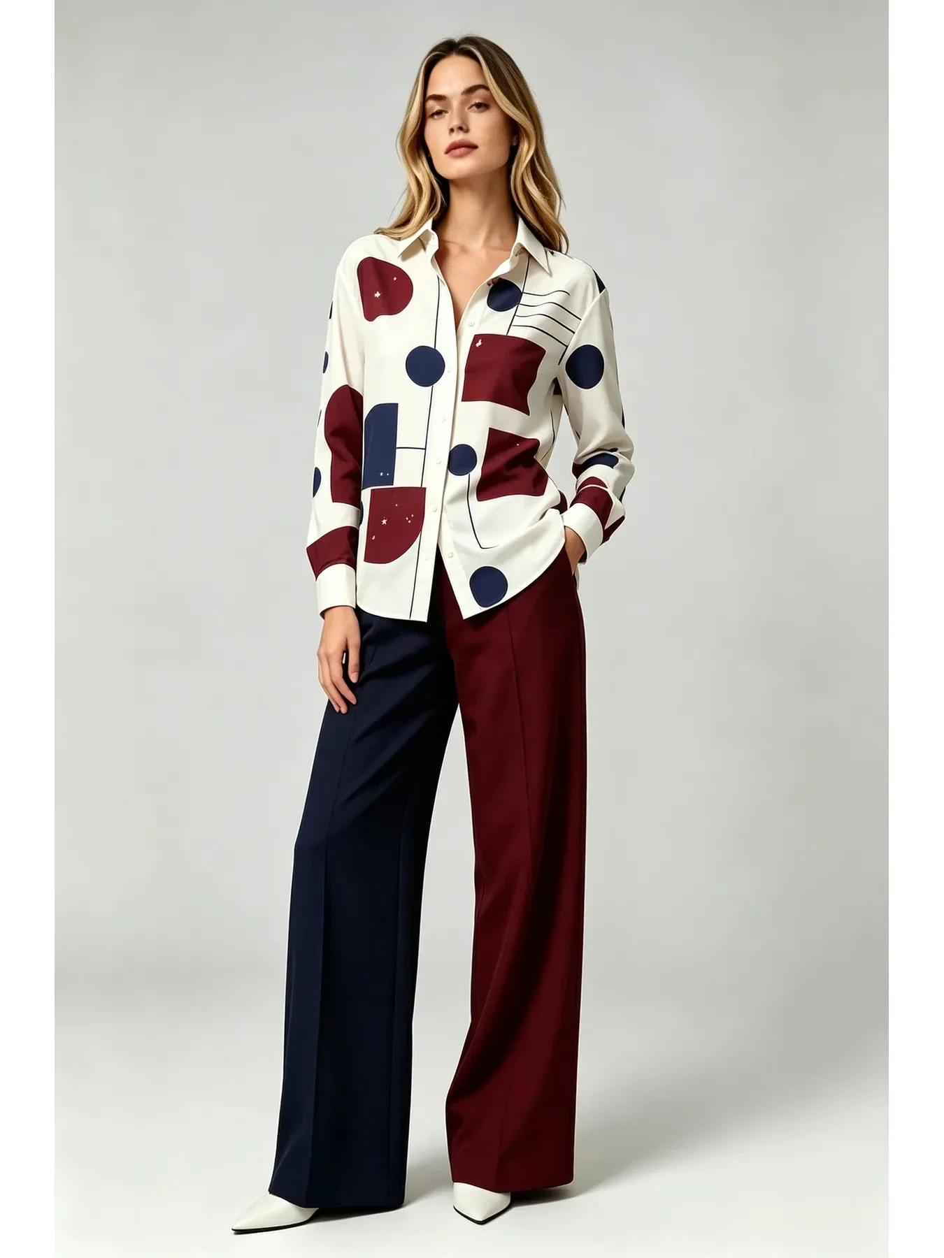 Women's Printed 2‑Piece Outfit - Elegant Long‑Sleeve Button‑Down Collar Shirt & High‑Waist Wide‑Leg Pants Set