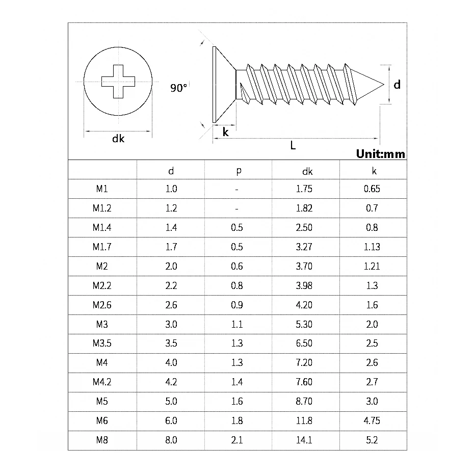 M2 M2.2 M2.6 M3 M3.5 M4 M5 M6 Flat Countersunk Head Self Tapping Screws 316 Stainless Steel Cross Recessed Flat Wood Screws