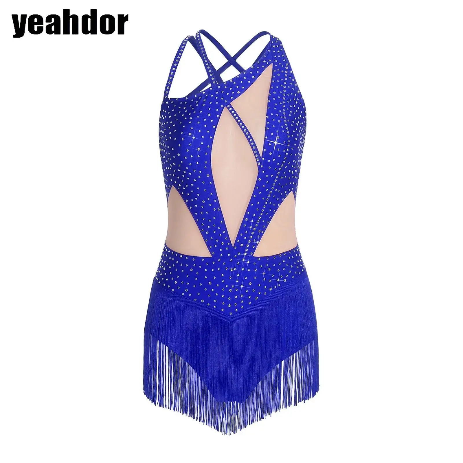 

Женское платье для латиноамериканских танцев, фигурного катания, ча-ча, танго, самбы, румбы, костюм для выступлений, с ремешками на спине, стразами и бахромой, леотард
