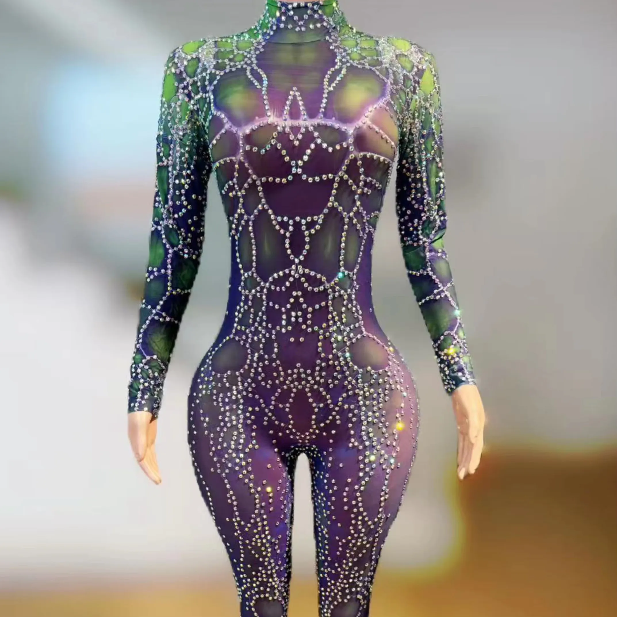 

Women's Slim Sexy Mesh Fit Rhinestone Jumpsuit Elastic Dance Performance Costume Nightclub Stage Halloween Cosplay Wear