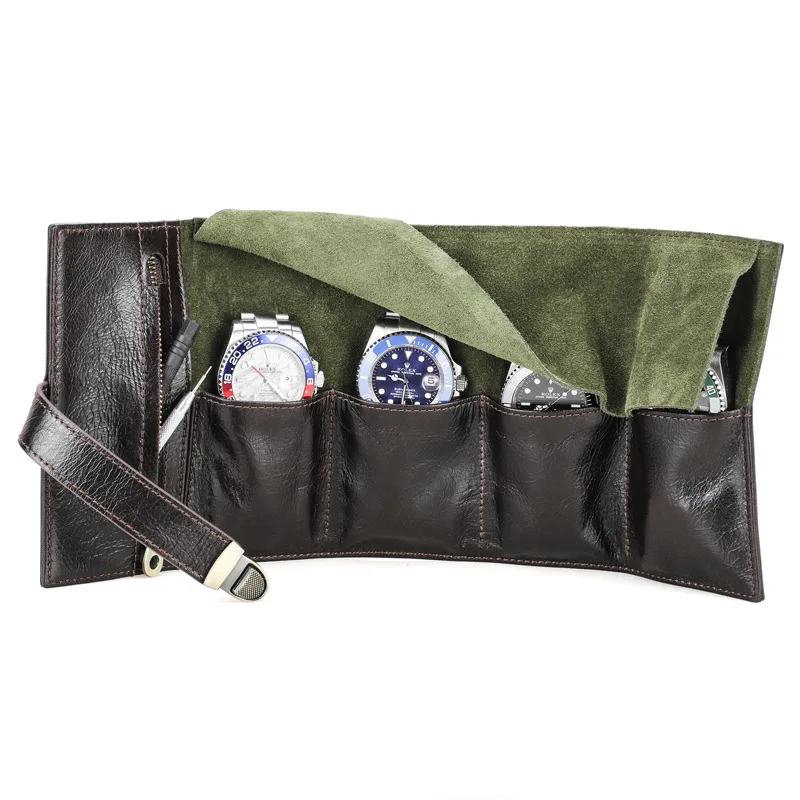 Ensemble de quatre cadenas à mortaise en cuir de vachette, première couche, ensembles de rangement de montres, sac de montre de poche portable de voyage, horloge pliante C