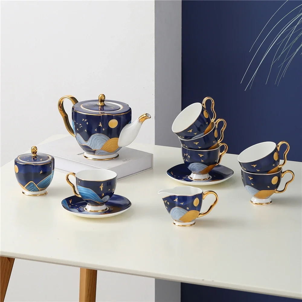 

Modern Gift Decal Gold Rim Handle English Afternoon Tea Cup Set Saucer Fine Bone China Ceramic 15pcs Coffee Tea Set