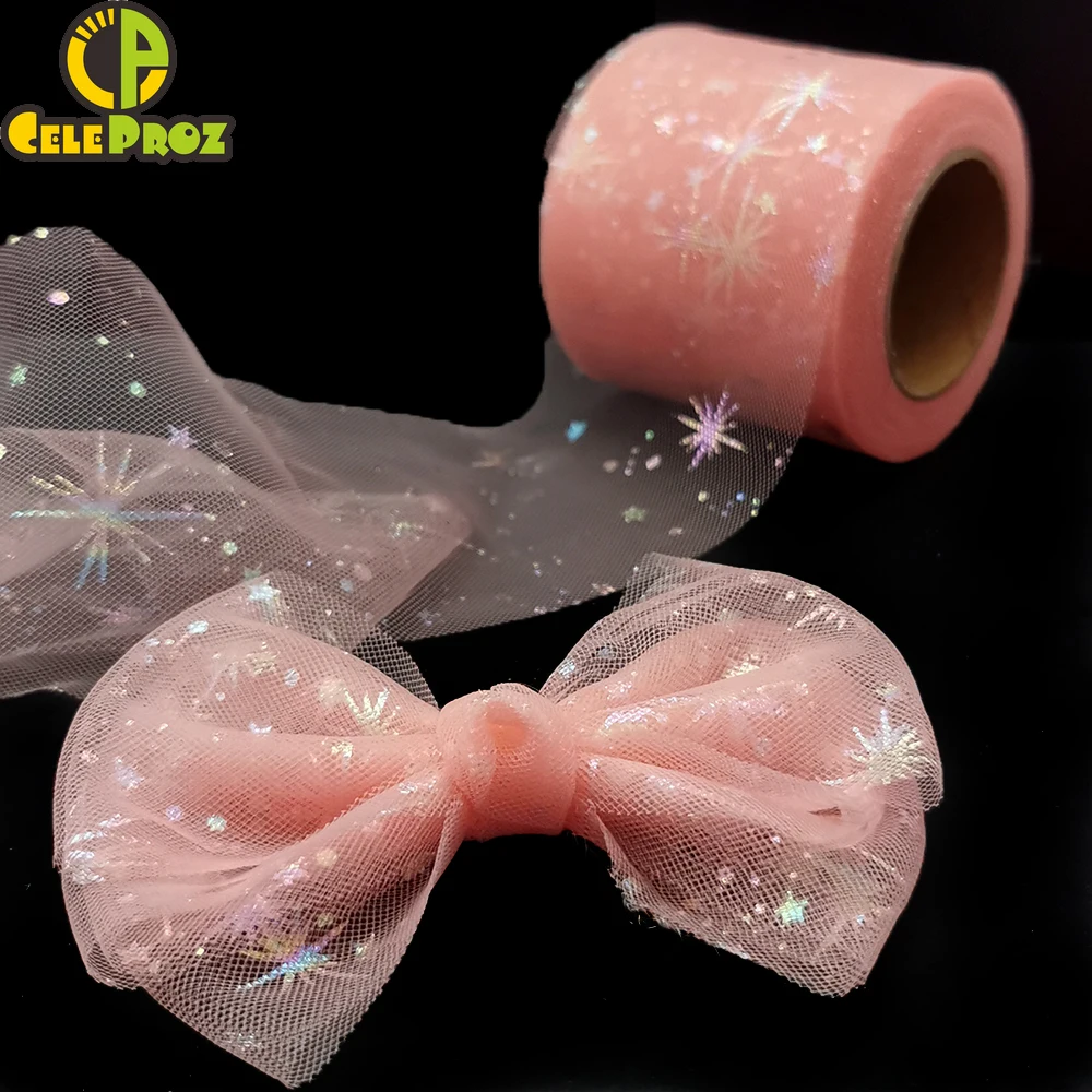 6cm 25Yards Tulle Organza Ribbon Illusory Star Roll Iridescent Tape For Gift Wrap Hair Clip Tutu Skirt Pom DIY Party Decoration