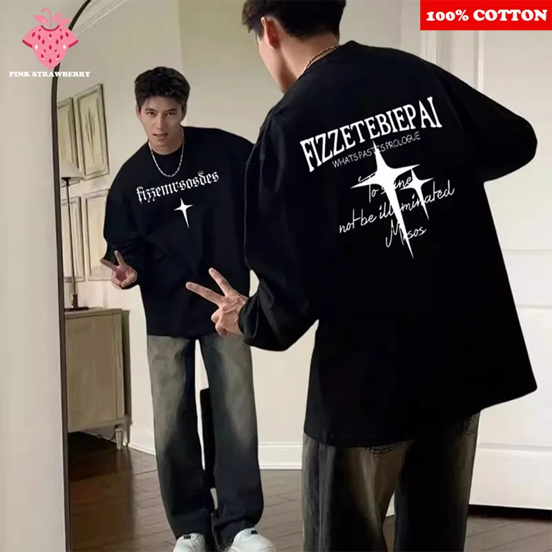 

American Street Letter Print T-shirt Men Autumn 2025 New 100%Cotton Black O-Neck Long sleeves T-shirt Casual Y2kTop Man clothing