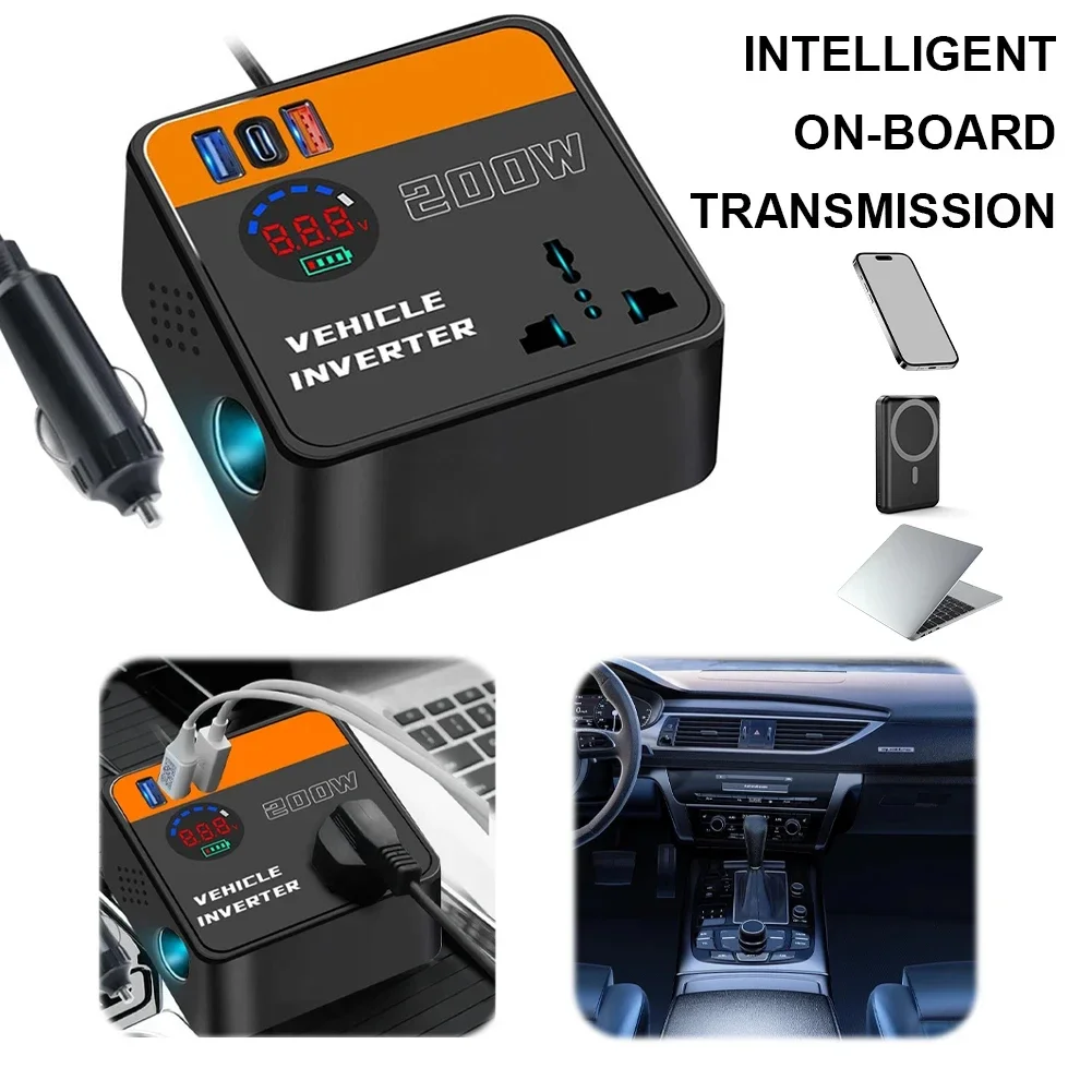 200W Car Inverter with USB PD Port Fast Charging DC12V 24V to AC 220V Vehicle Power Converter with Voltage Display
